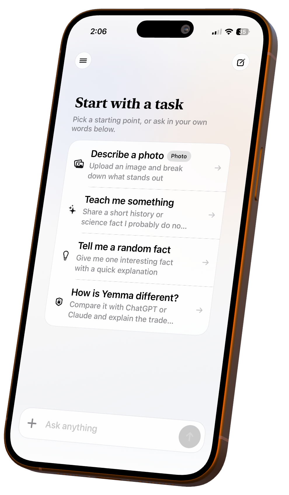 Yemma 4 running on iPhone — task picker screen